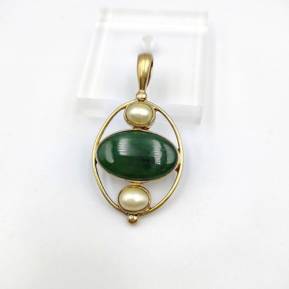 Vintage Sajen Sterling Silver 925 Vermeil Jade/Nephrite Baroque Pearl Pendant - Picture 2 of 13